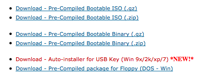 Liste der Memtest86 Download-Optionen – Bootable ISO, Binary und USB-Installer.