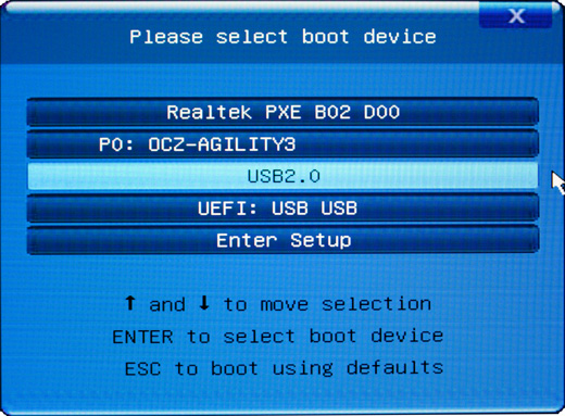 Boot-Menü zur Auswahl des Startgeräts – USB, SSD oder Netzwerk-Bootoptionen.