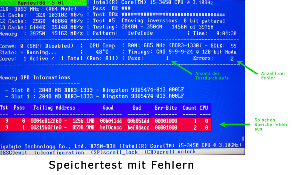 Memtest86 RAM-Test – Fehlerhafte Speicherbereiche bei DDR3-1333 RAM erkannt.