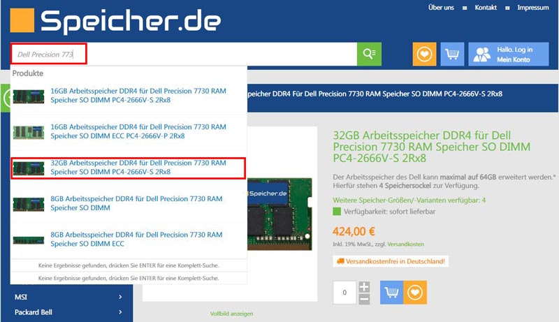 Online-Suche nach 32GB DDR4 RAM für Dell Precision 7730 im Speicher.de-Shop.