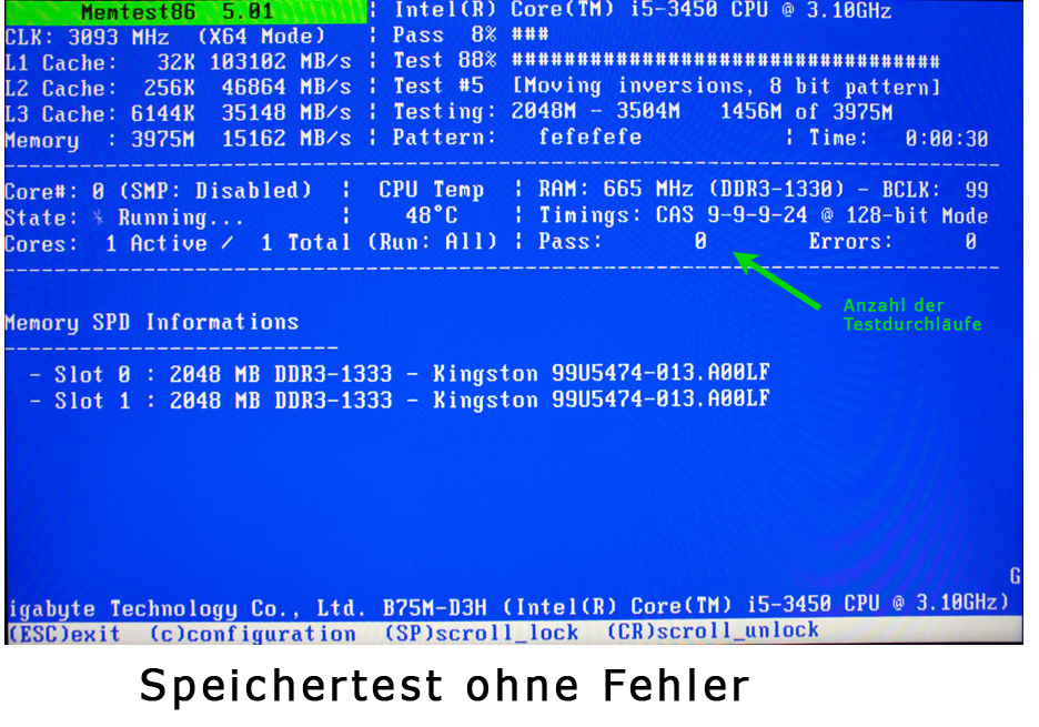 Memtest86 RAM-Test – Speicherdiagnose ohne Fehler für DDR3-1333 RAM-Module.