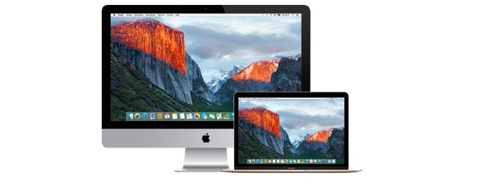 Apple iMac und MacBook mit Retina-Display, die den Yosemite-Nationalpark als Hintergrundbild anzeigen.