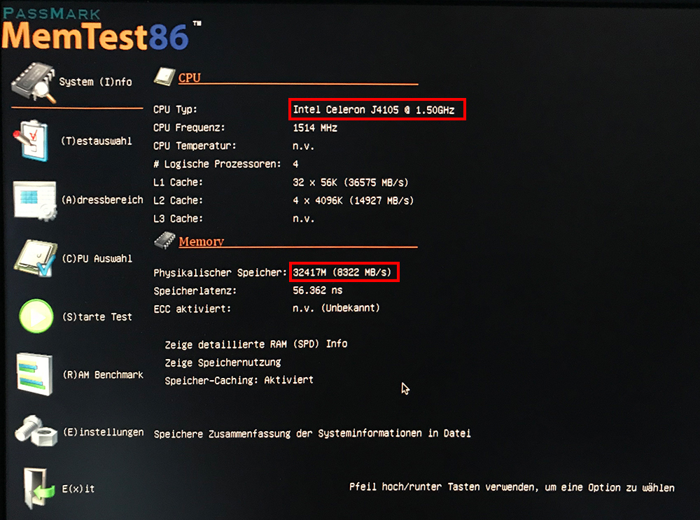 MemTest86 Systeminfo – Intel Celeron J4105 mit 32GB RAM auf ASRock J4105-ITX getestet.