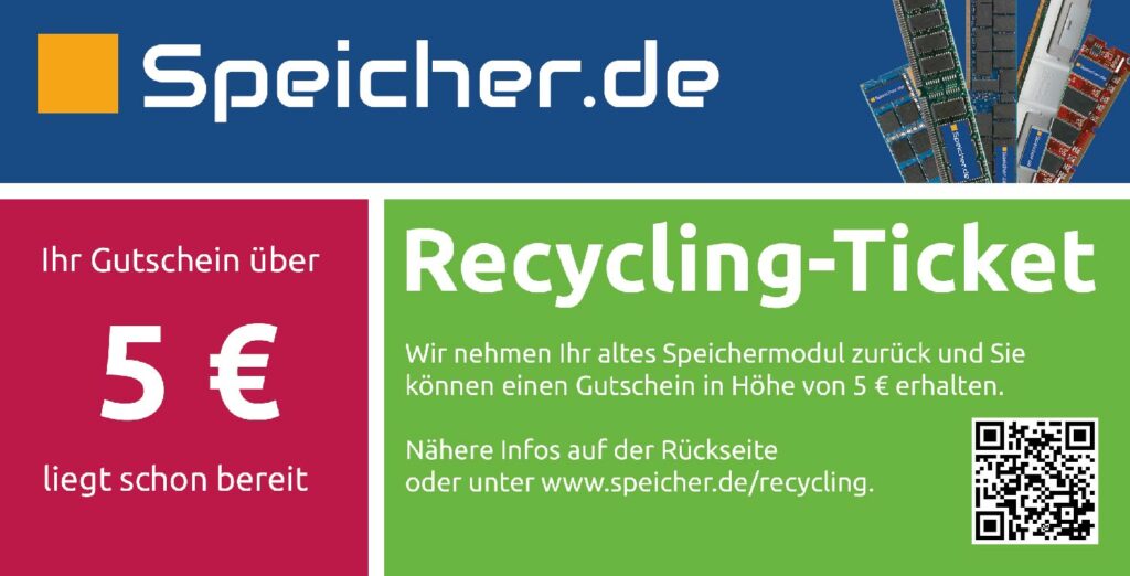 Recycling-Ticket von Speicher.de – Gutschein über 5 € für die Rückgabe alter Speichermodule.